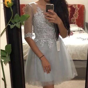 Grey blue homecoming banquet lace up dress